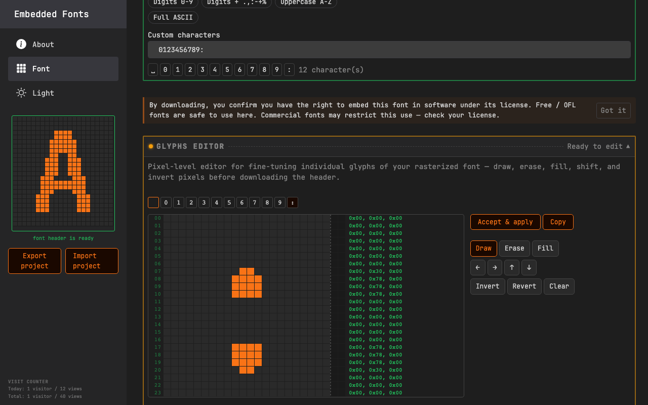 per-pixel glyph editor for bitmap font customization